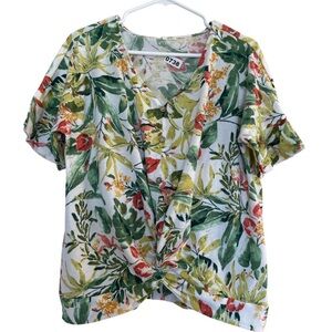 Floral V-Neck Blouse - Green and Red Women’s Large Front knot buttons Short Slvs